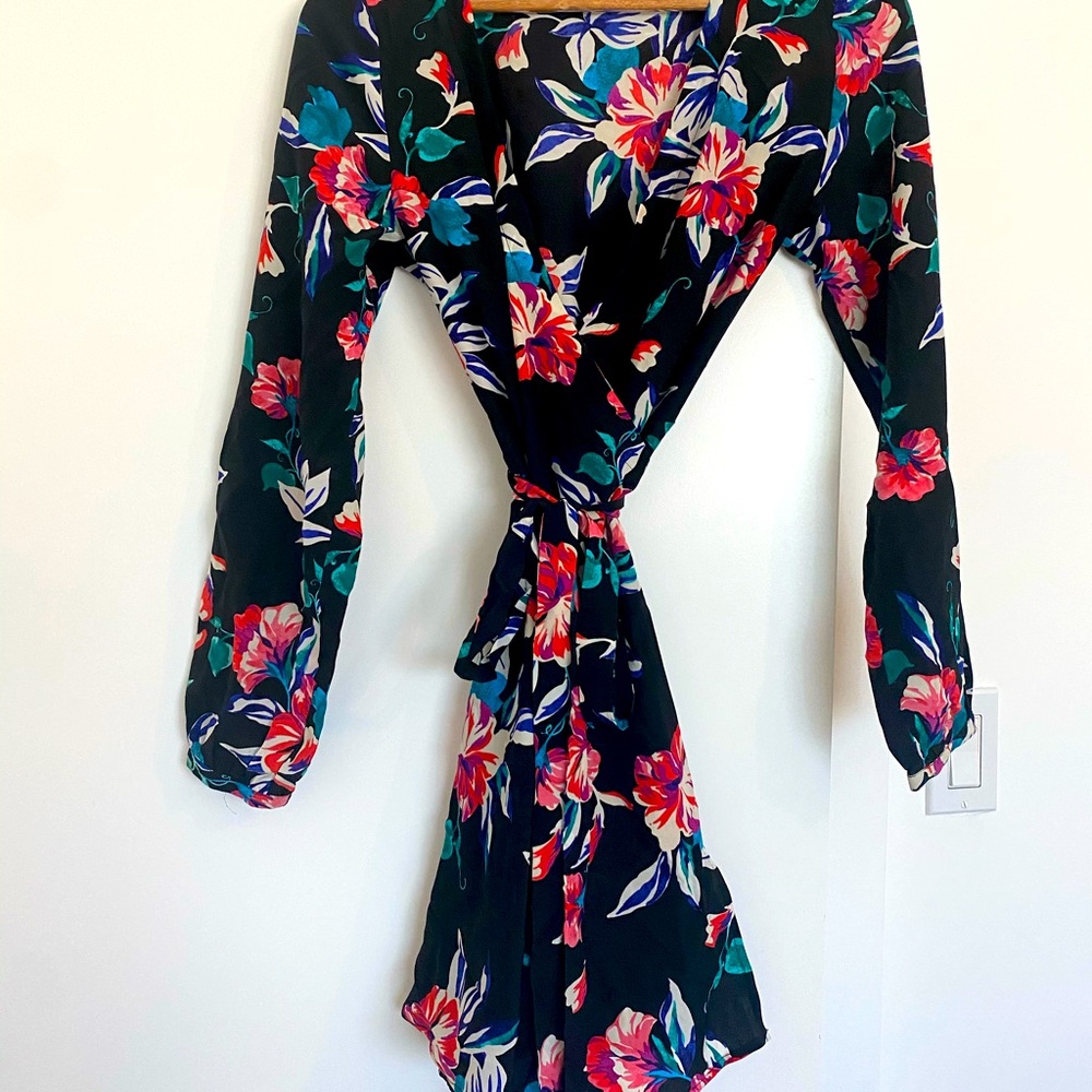 Yumi Kim black floral silk mini wrap dress